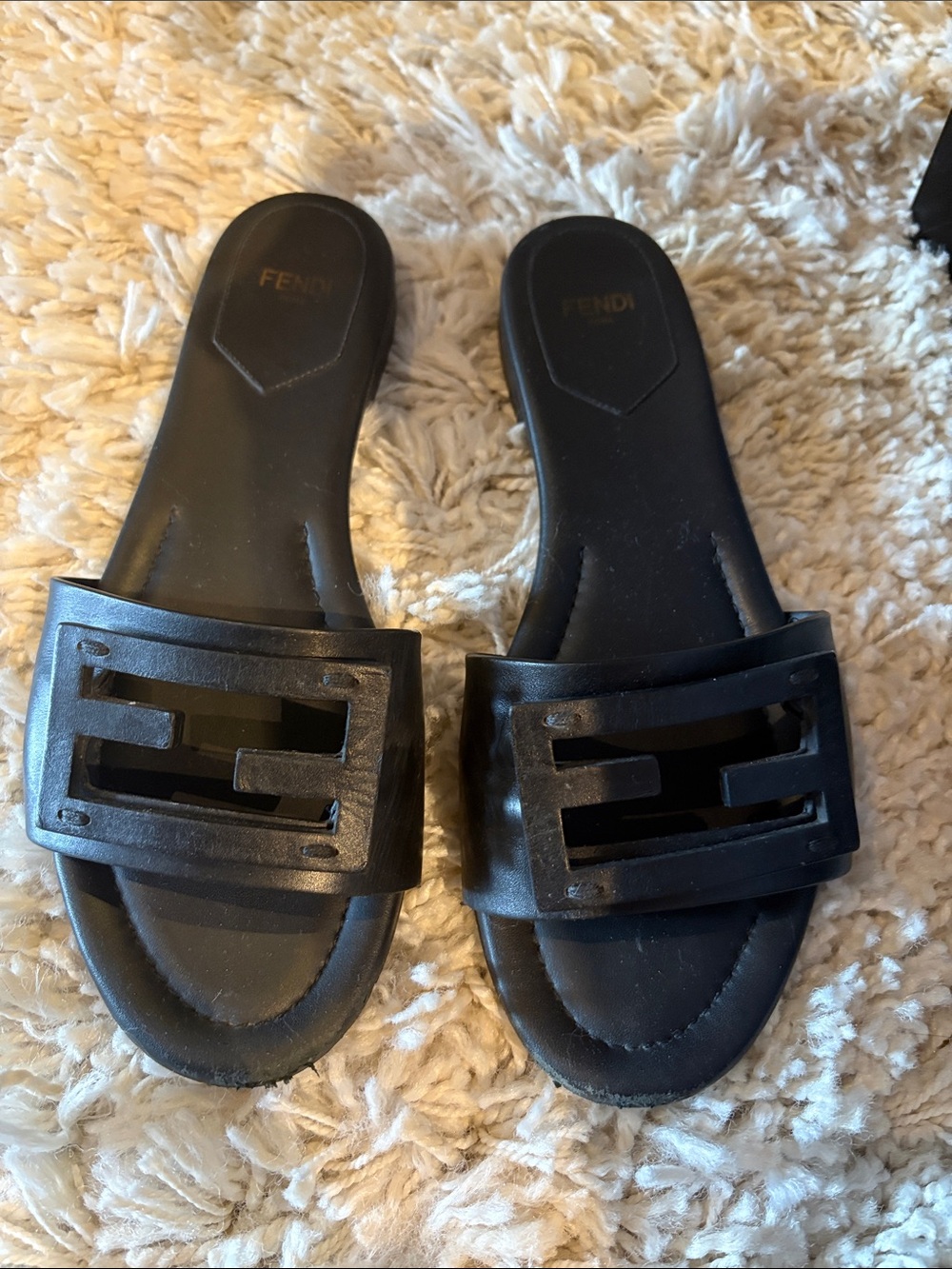 Fendi Black Logo Cutout Leather Slide Sandals